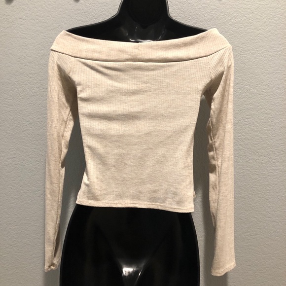 SOLD! Cream Long Sleeve Off the Shoulder Crop Top - Picture 2 of 3